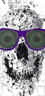 Abstract skull with purple glasses and green eyes on white background.