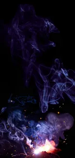 Abstract mobile wallpaper with blue and purple smoke with sparks on black.