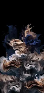 Abstract smoke art with beige and blue swirls on a black background.