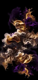 Abstract smoke art wallpaper with purple and gold curls on a dark background.