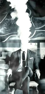 Surreal wallpaper of suited man with smoke as a head in grayscale urban setting.