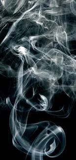 Abstract white smoke swirls on black background mobile wallpaper.