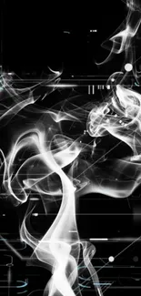 Abstract smoke and digital lines on a black background wallpaper.