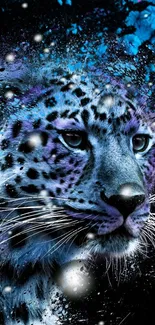 Abstract snow leopard artwork in blue and black with cosmic elements.