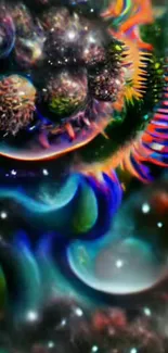 Vibrant cosmic abstract wallpaper with dynamic colors and surreal shapes.