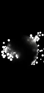 Abstract black sphere with glowing white orbs on a dark background wallpaper.