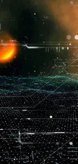 Futuristic digital grid with cosmic elements in an abstract space scene.