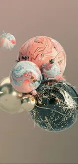 Abstract spheres with marbled patterns on a blush pink background.