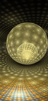 Abstract golden sphere with light patterns on a dark background.