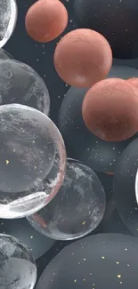 Abstract mobile wallpaper with spheres in dark tones.