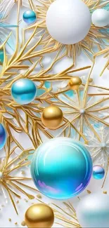 Abstract spheres and gold floral pattern wallpaper.