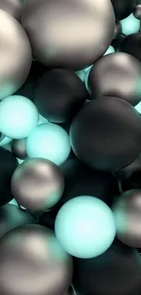 Modern wallpaper with cyan and gray spheres on a dark background.