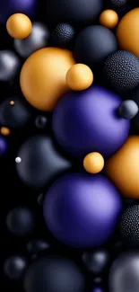 Abstract spheres in black, gold, and purple on mobile wallpaper.