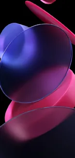 Abstract pink and blue spheres on black wallpaper.