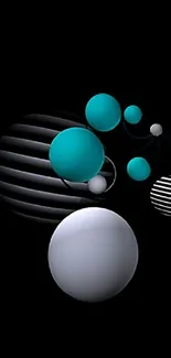 Abstract 3D spheres on black background mobile wallpaper.