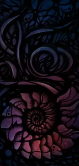 Intricate abstract spiral art wallpaper in dark purple and red hues.