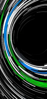 Abstract spiral pattern with green and blue on black.