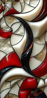 Abstract stained glass design with red and black swirls.