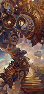 Intricate steampunk artwork with gears in copper tones for a mobile wallpaper.