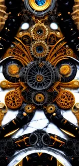 Steampunk inspired wallpaper with gears and golden accents in abstract style.