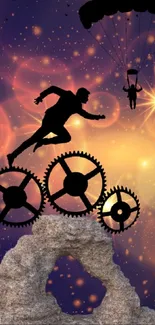 Silhouetted figure running on gears in a starry, cosmic sky wallpaper.