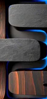 Abstract wallpaper with stone and wood pattern and blue highlights.