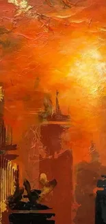 Abstract cityscape with a fiery sunset and vibrant orange hues.