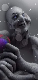 Surreal wallpaper featuring a bald figure holding a colorful orb in an abstract style.