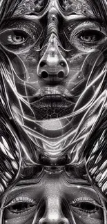 Abstract surreal faces in black and white design, intricate art.