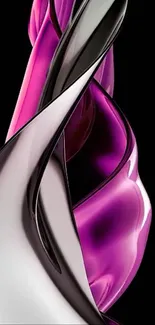 Vibrant abstract swirl in pink and silver against black background.