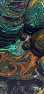 Abstract swirl wallpaper with teal green and gold hues.