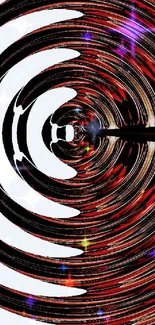 Abstract red and black swirl pattern wallpaper with concentric circles.