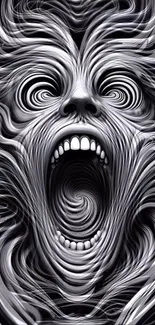 Abstract swirling face art with intricate design.