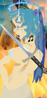 Vibrant abstract art with a sword design and colorful background.