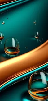 Abstract teal and gold wallpaper with 3D spheres.