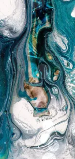 Abstract teal and white fluid art wallpaper with vibrant patterns.