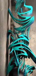 Abstract teal art on textured wall background.