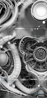 Abstract mechanical gear design with futuristic elements in gray tones.