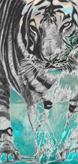 Abstract tiger with turquoise accents on mobile wallpaper.