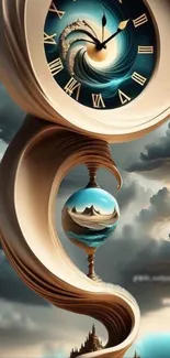 Surreal fantasy clock with swirling clouds.