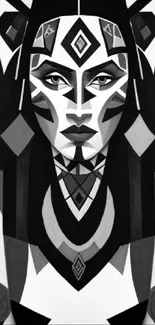 Monochrome tribal abstract portrait phone wallpaper.