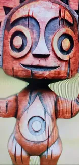 Abstract tribal wooden figure with detailed carvings and bold design.