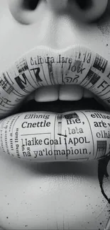 Abstract typography on lips in monochrome art.