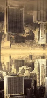 Abstract cityscape in sepia tone with vertical symmetry.