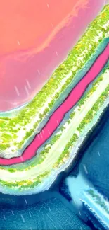 Vibrant abstract aerial view with pink, green, and blue hues.