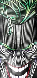 Abstract villain face design with green lines and intricate details.