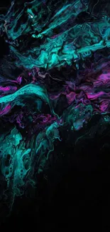 Vibrant abstract wallpaper with turquoise and purple swirls on a black background.