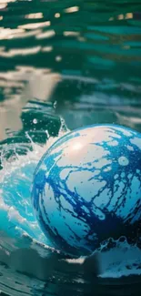 Abstract blue ball splashing in water with vibrant ripple effects.