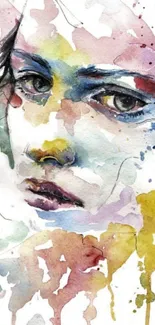 Abstract watercolor portrait with vibrant colors and artistic splashes.