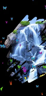 Abstract waterfall wallpaper with rocky textures and vibrant blue tones.